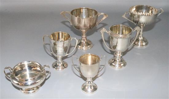 5 small trophy cups, small 2 handled bowl